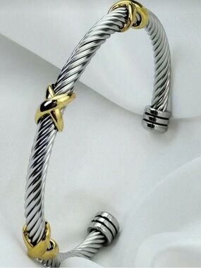 Two-Tone Twisted Cable Cuff Bracelet in Silver
